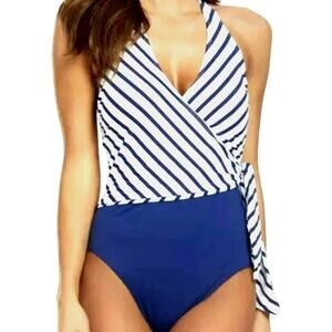 LAUREN RALPH LAUREN Women 12 Blue White Stripe Asymmetric Tie One Piece Swimsuit